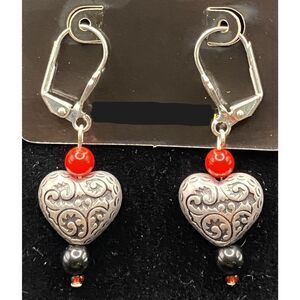 Handmade Puffy Metal Heart with Red & Black Glass Bead Earrings by Neanie-Bot